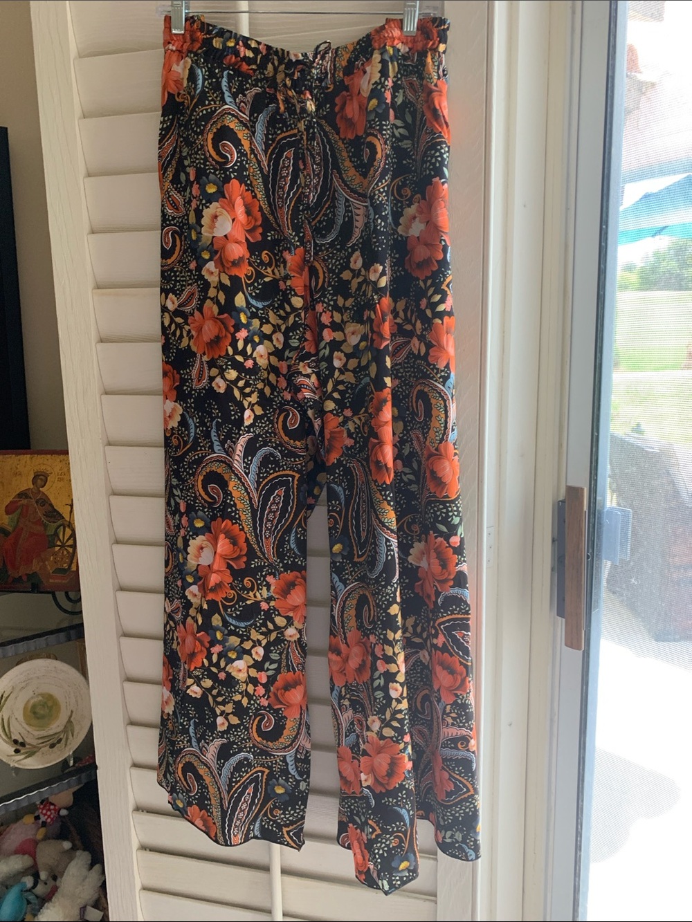 Johnny Was Black Wide-Leg Pants with Orange Floral Paisley